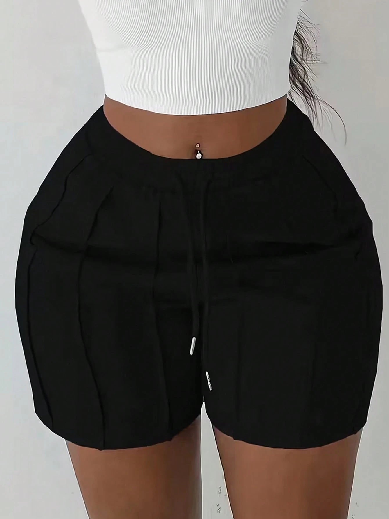 Women's Fashion Solid Color Drawstring Shorts, Casual Elastic Waist Slant Pocket Shorts, Folded Design Sports Black