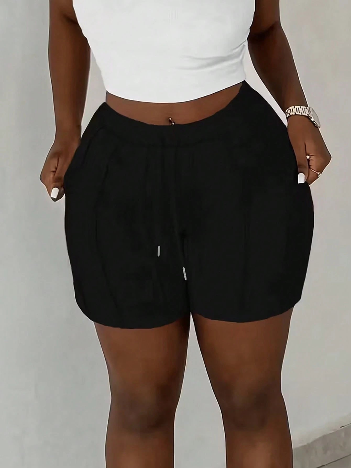 Women's Fashion Solid Color Drawstring Shorts, Casual Elastic Waist Slant Pocket Shorts, Folded Design Sports Black