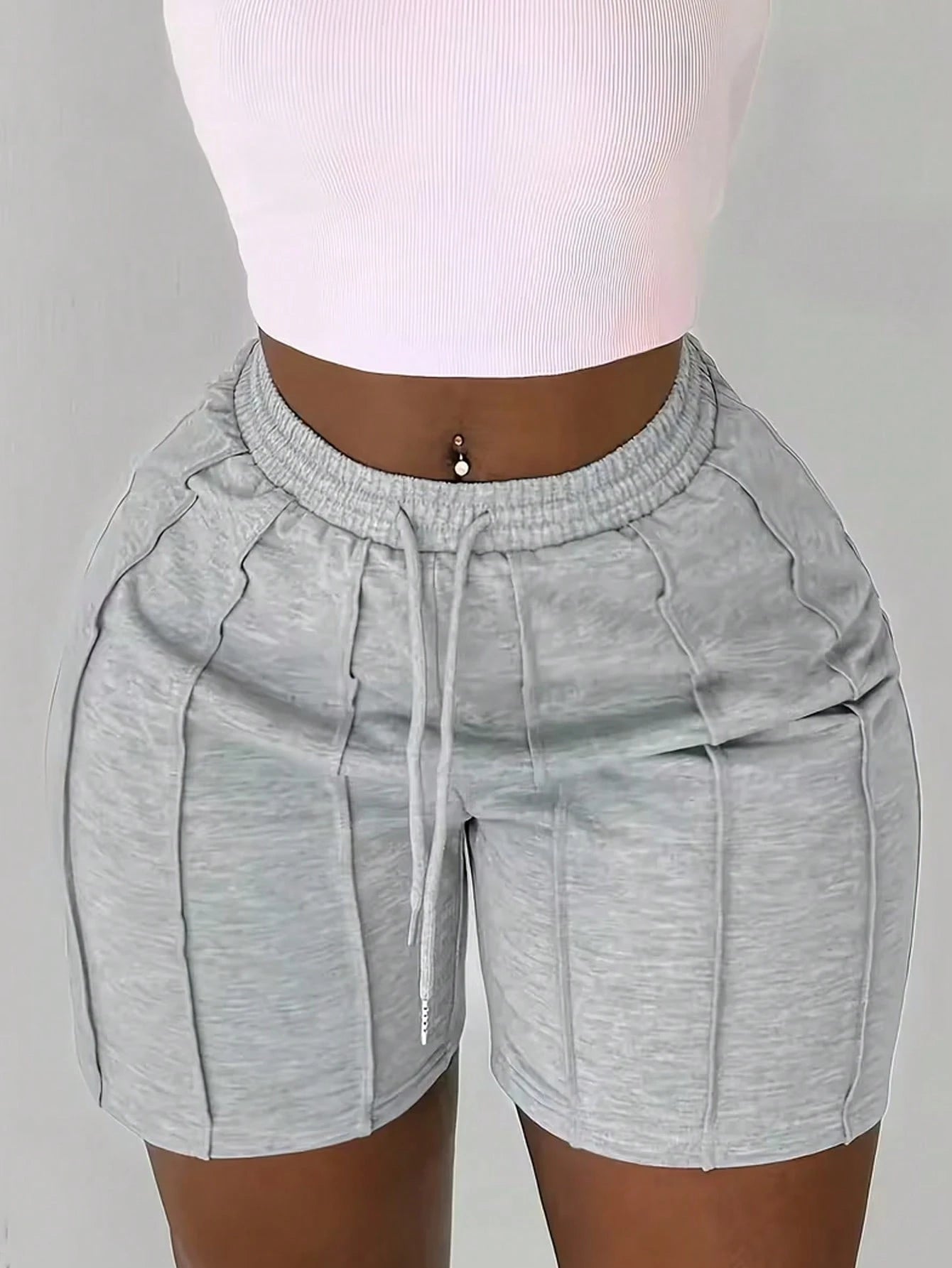 Women's Fashion Solid Color Drawstring Shorts, Casual Elastic Waist Slant Pocket Shorts, Folded Design Sports Black