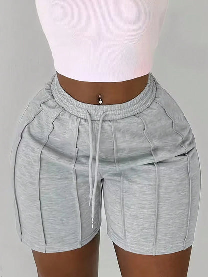 Women's Fashion Solid Color Drawstring Shorts, Casual Elastic Waist Slant Pocket Shorts, Folded Design Sports Black