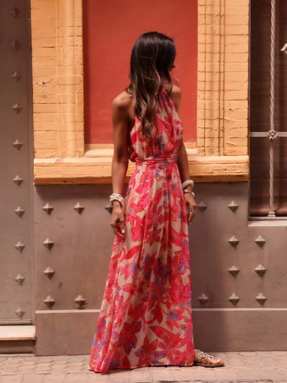 Women's Fashionable Dress With Tropical Floral Design, Featuring Batwing Sleeves And Open Shoulder Style, Suitable For Beach, Travel, Party And Dinner, All Seasons Vacation Elegant Red Summer, Resort