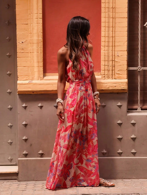 Women's Fashionable Dress With Tropical Floral Design, Featuring Batwing Sleeves And Open Shoulder Style, Suitable For Beach, Travel, Party And Dinner, All Seasons Vacation Elegant Red Summer, Resort
