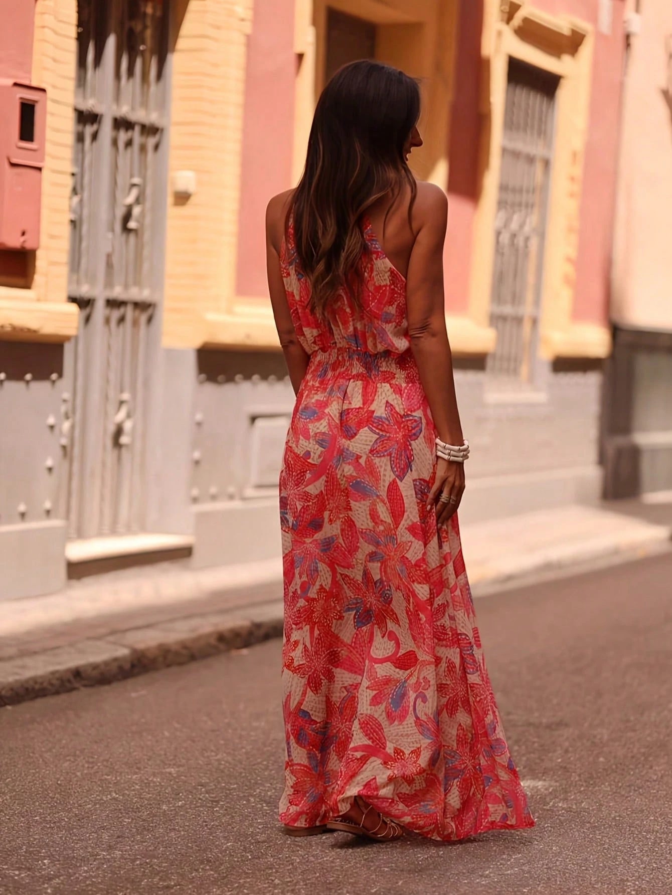 Women's Fashionable Dress With Tropical Floral Design, Featuring Batwing Sleeves And Open Shoulder Style, Suitable For Beach, Travel, Party And Dinner, All Seasons Vacation Elegant Red Summer, Resort
