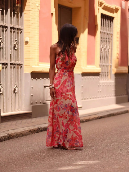 Women's Fashionable Dress With Tropical Floral Design, Featuring Batwing Sleeves And Open Shoulder Style, Suitable For Beach, Travel, Party And Dinner, All Seasons Vacation Elegant Red Summer, Resort