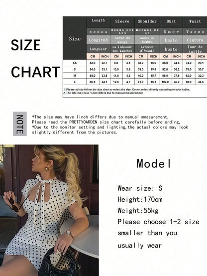 Women's Fashionable Polka Dot Short Fitted Dress With Bow Decor, Sexy Hollow-Out Style Elegant Sleeveless Party Dress White Summer