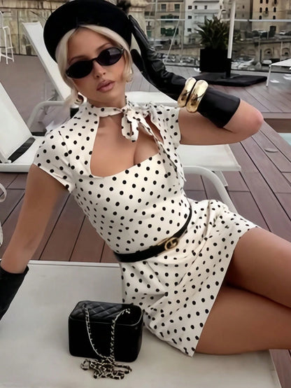 Women's Fashionable Polka Dot Short Fitted Dress With Bow Decor, Sexy Hollow-Out Style Elegant Sleeveless Party Dress White Summer
