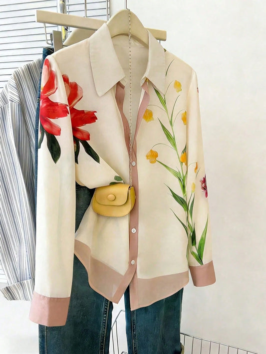 Women's Floral & Leaf Print Color Block Button-Front Casual/Office/Commute Shirt Spring