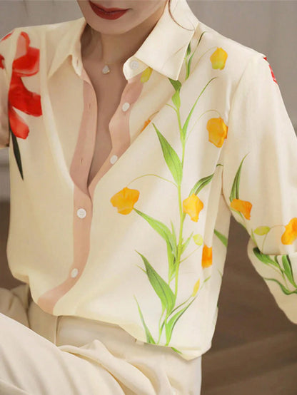 Women's Floral & Leaf Print Color Block Button-Front Casual/Office/Commute Shirt Spring