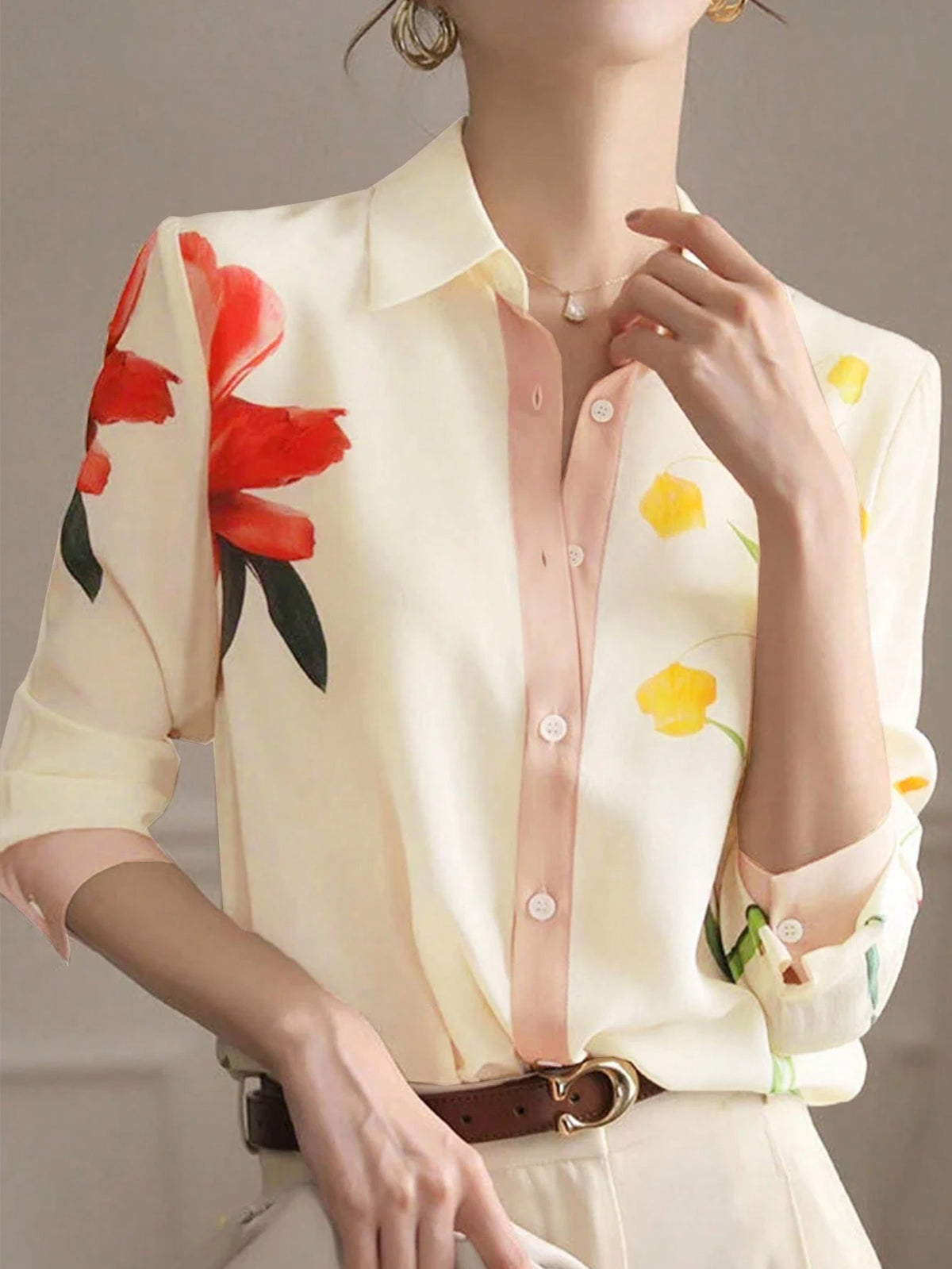 Women's Floral & Leaf Print Color Block Button-Front Casual/Office/Commute Shirt Spring