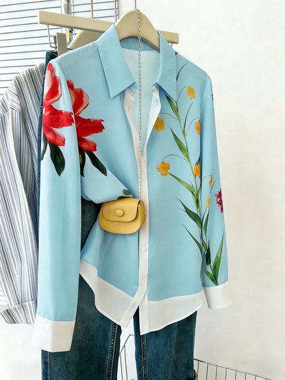 Women's Floral & Leaf Print Color Block Button-Front Casual/Office/Commute Shirt Spring