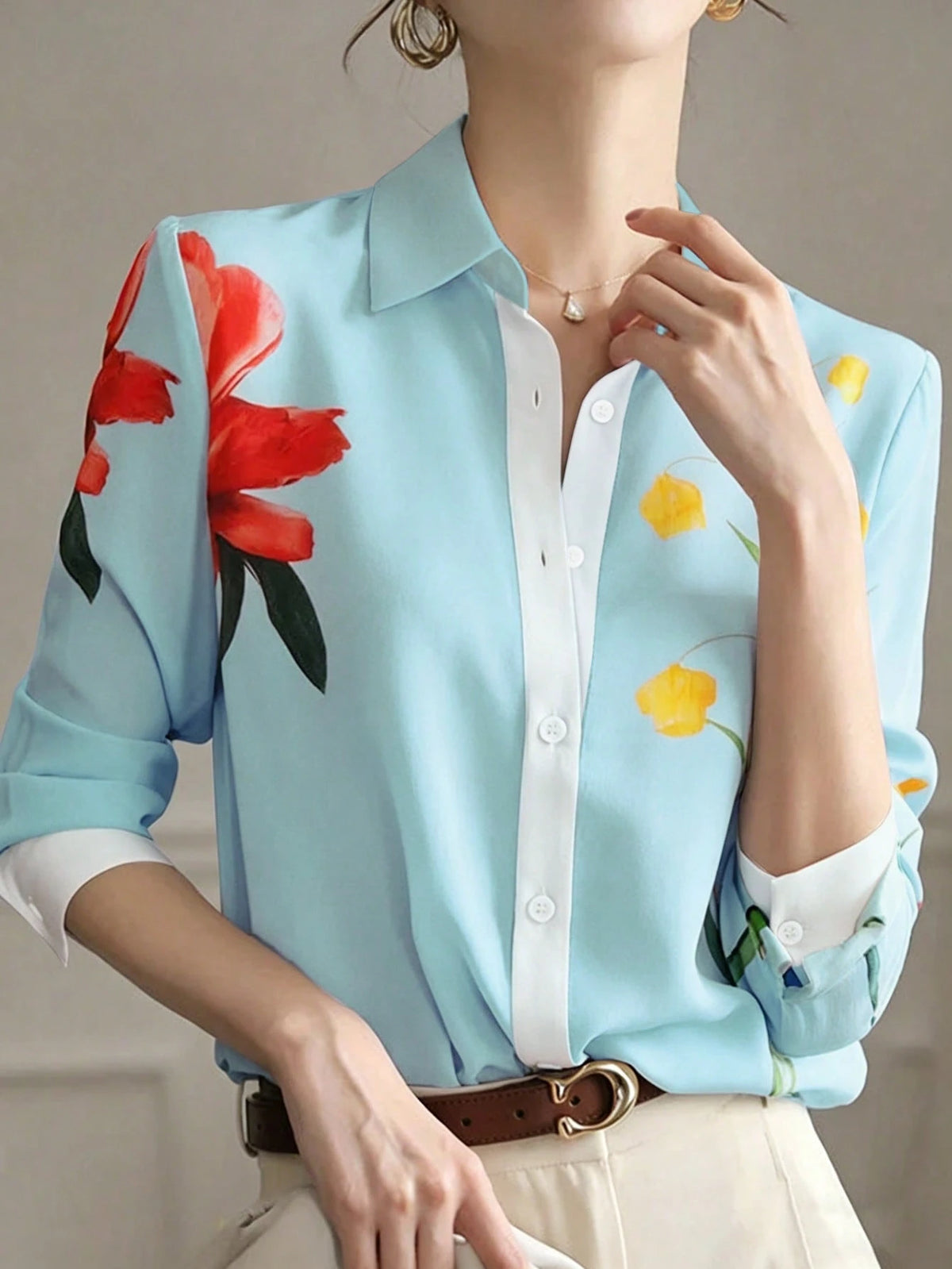 Women's Floral & Leaf Print Color Block Button-Front Casual/Office/Commute Shirt Spring