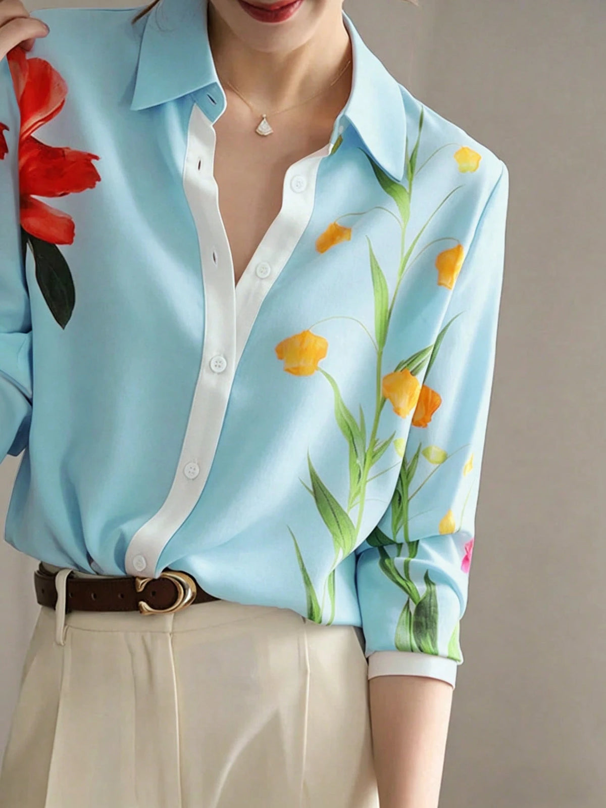 Women's Floral & Leaf Print Color Block Button-Front Casual/Office/Commute Shirt Spring