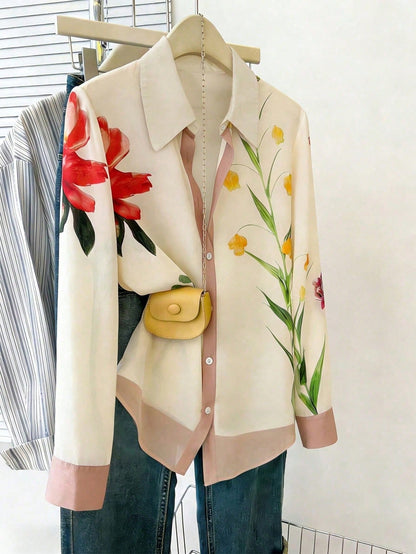 Women's Floral & Leaf Print Color Block Button-Front Casual/Office/Commute Shirt Spring