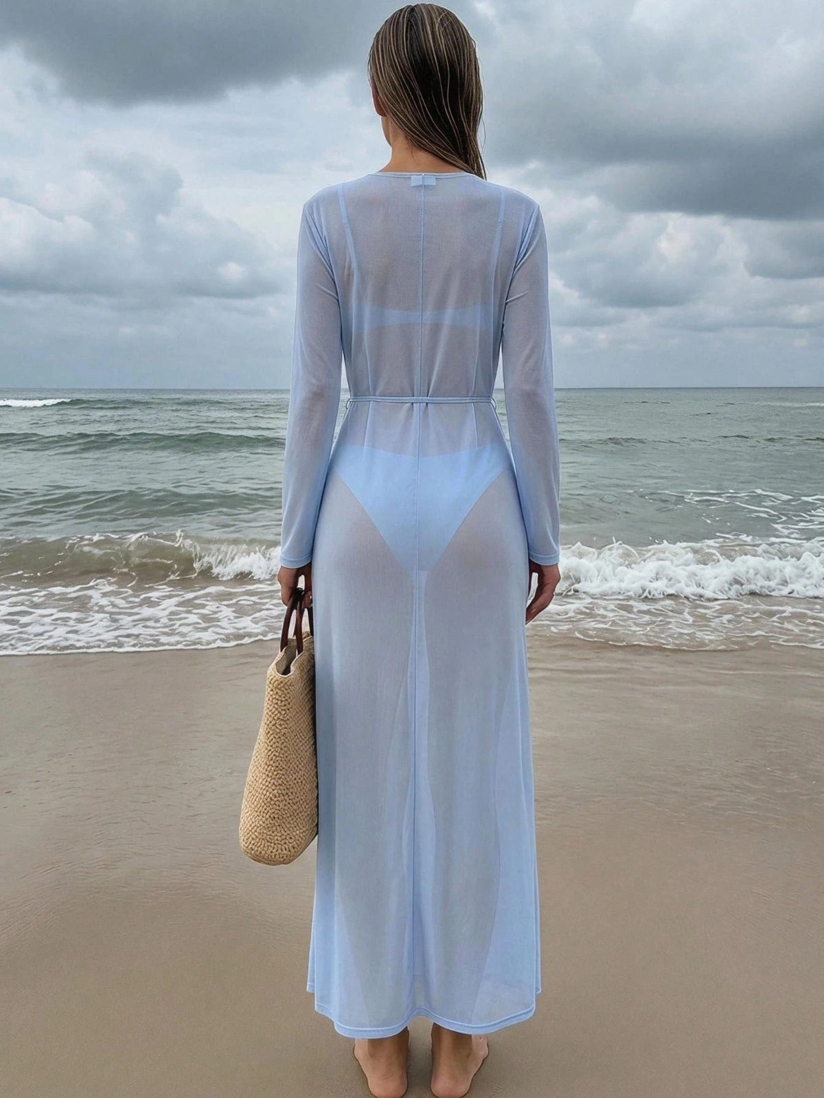Women's French Style Sheer Long Sleeve Tie Front Kimono Robe Cover Up