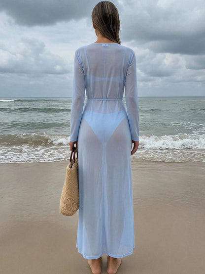 Women's French Style Sheer Long Sleeve Tie Front Kimono Robe Cover Up