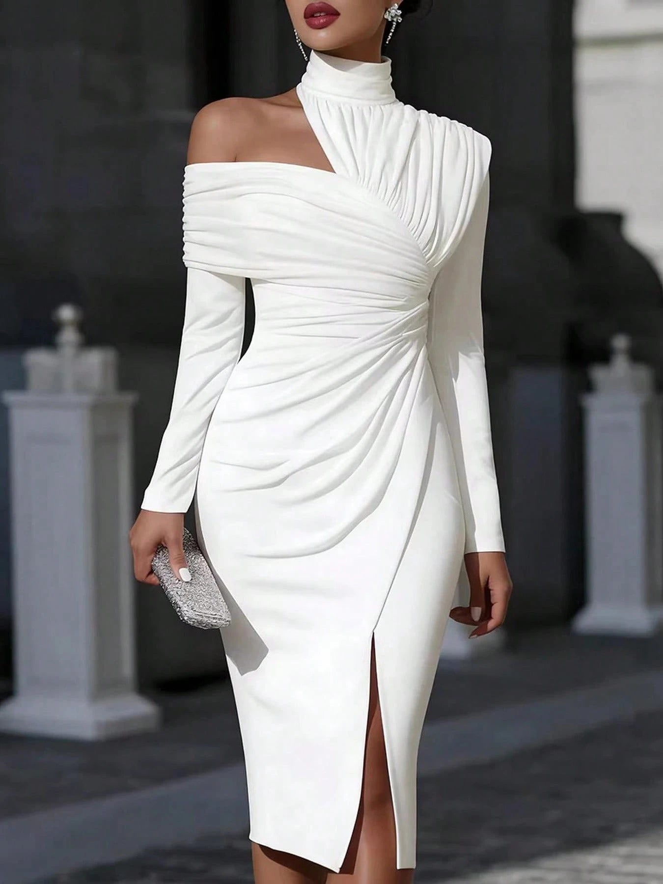 Women's French Summer Fashion Solid Color Elegant Asymmetric Design Olive Green Hanging Neck Off Shoulder Folded Long Sleeve Split Wrap Hip Dress