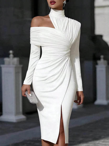 Women's French Summer Fashion Solid Color Elegant Asymmetric Design Olive Green Hanging Neck Off Shoulder Folded Long Sleeve Split Wrap Hip Dress