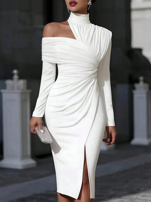Women's French Summer Fashion Solid Color Elegant Asymmetric Design Olive Green Hanging Neck Off Shoulder Folded Long Sleeve Split Wrap Hip Dress