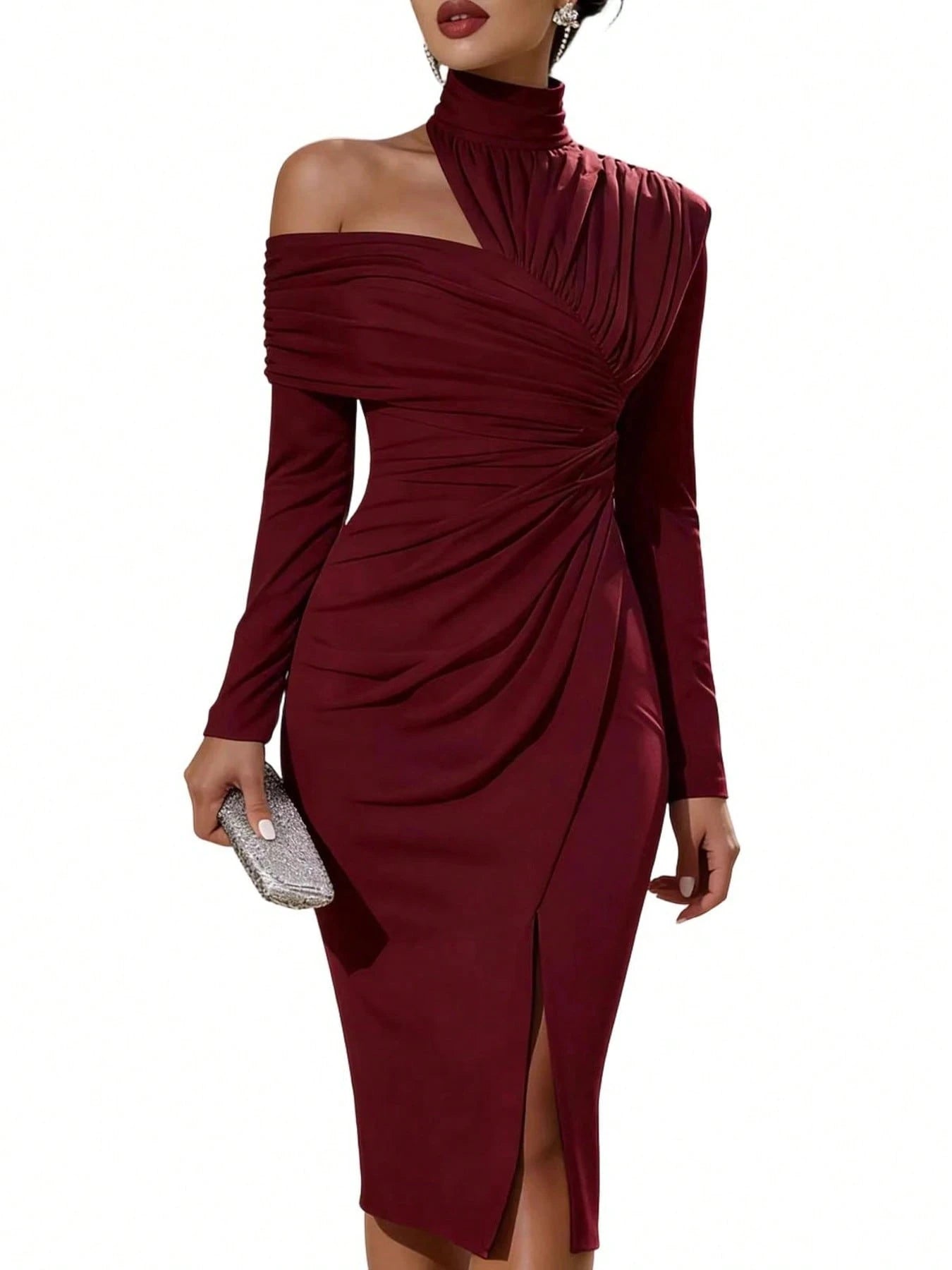 Women's French Summer Fashion Solid Color Elegant Asymmetric Design Olive Green Hanging Neck Off Shoulder Folded Long Sleeve Split Wrap Hip Dress