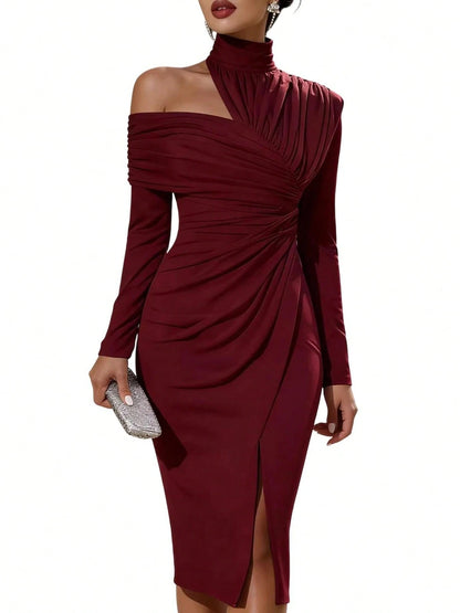 Women's French Summer Fashion Solid Color Elegant Asymmetric Design Olive Green Hanging Neck Off Shoulder Folded Long Sleeve Split Wrap Hip Dress