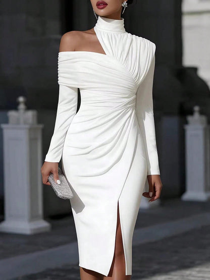 Women's French Summer Fashion Solid Color Elegant Asymmetric Design Olive Green Hanging Neck Off Shoulder Folded Long Sleeve Split Wrap Hip Dress