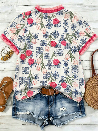 Women's French Vintage Tulip Print Top,V-Neck Ruffled Short Sleeve Flowy Boho Shirt,Lightweight Breathable Cream Summer Vacation Casual Loose Blouse