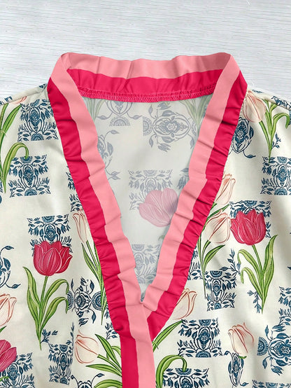 Women's French Vintage Tulip Print Top,V-Neck Ruffled Short Sleeve Flowy Boho Shirt,Lightweight Breathable Cream Summer Vacation Casual Loose Blouse