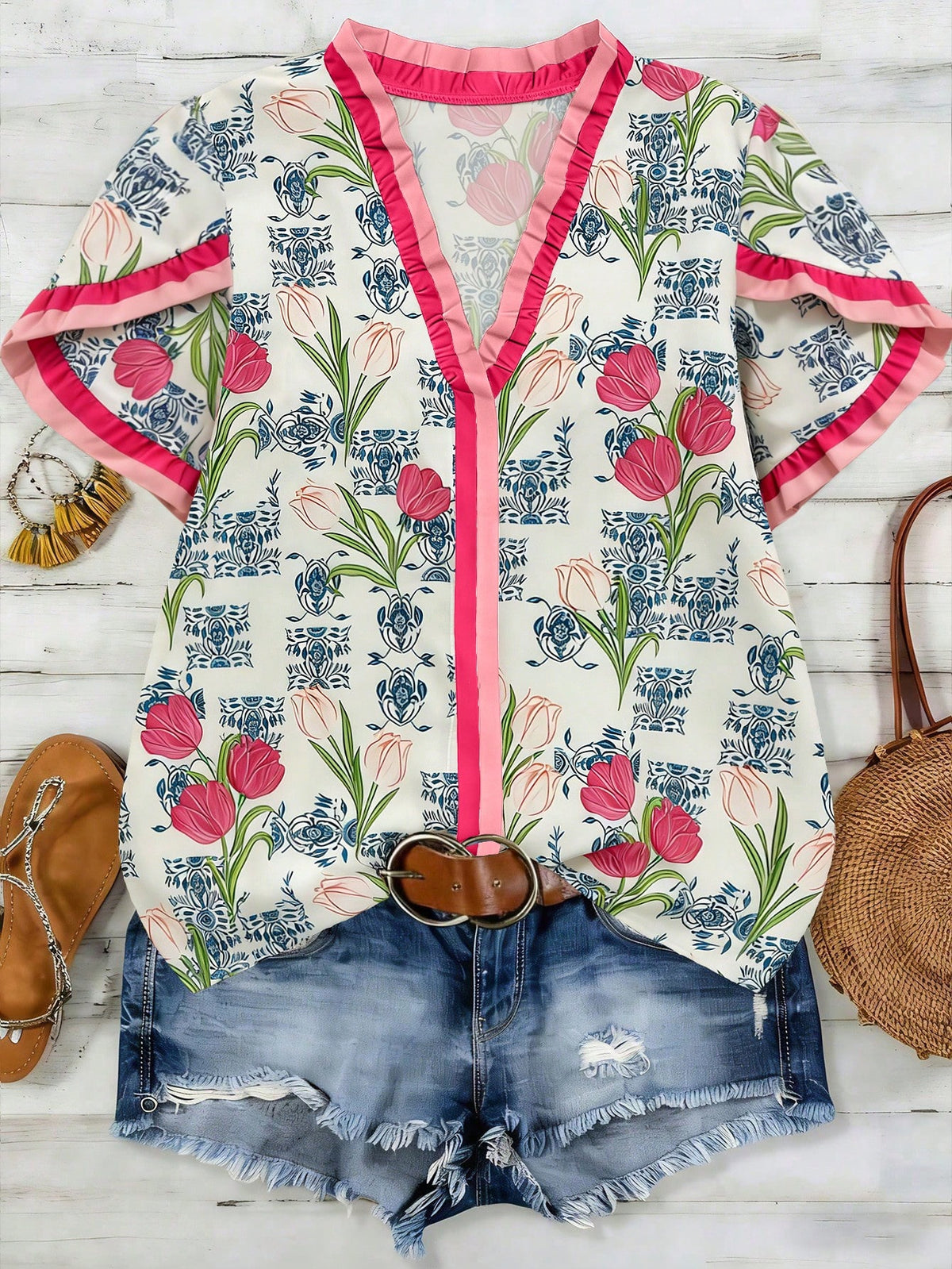 Women's French Vintage Tulip Print Top,V-Neck Ruffled Short Sleeve Flowy Boho Shirt,Lightweight Breathable Cream Summer Vacation Casual Loose Blouse