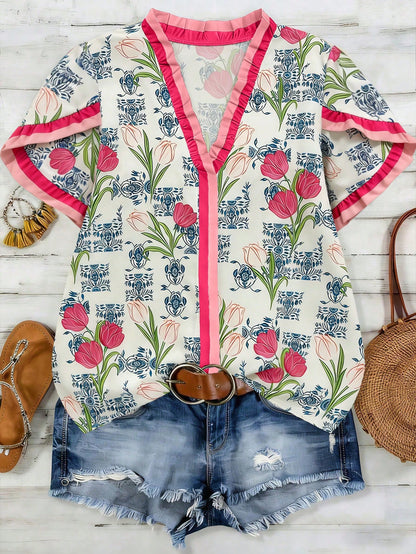 Women's French Vintage Tulip Print Top,V-Neck Ruffled Short Sleeve Flowy Boho Shirt,Lightweight Breathable Cream Summer Vacation Casual Loose Blouse