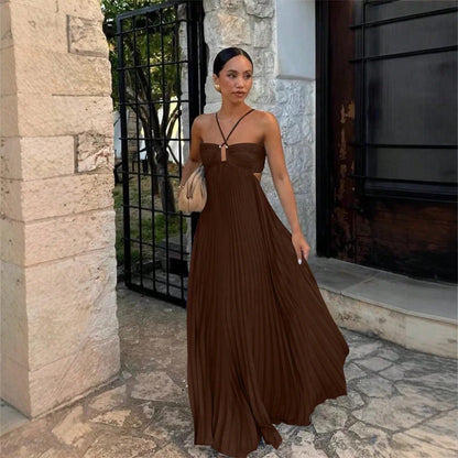 Women's Halter Neck Strapless Cutout Pleated Flowy Maxi Dress, Keyhole Detail A-Line Silhouette, Elegant Bohemian Style, Ideal For Beach Vac