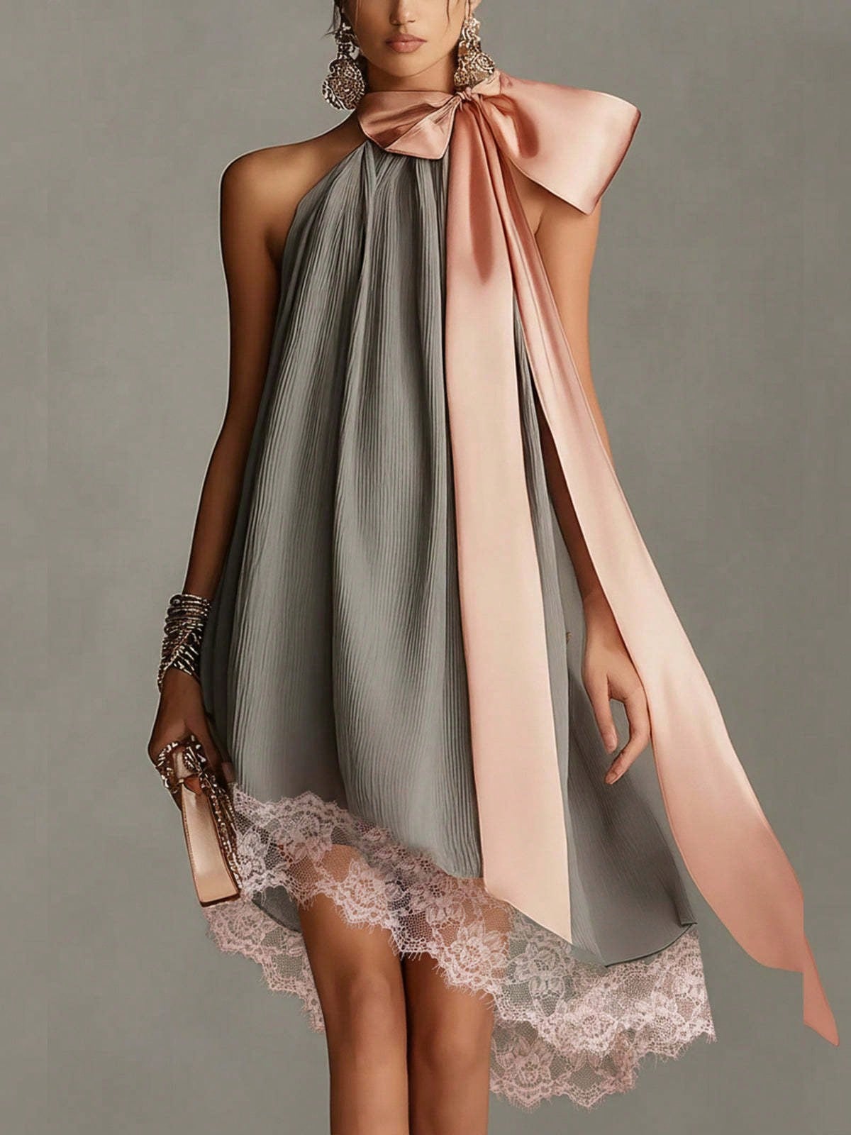 Women's Halter Summer Dress, Big Satin Bow Neck Pleated Loose Lace Hem Elegant Dress For Wedding Guest Beach Vacation Date Street Casual Wear