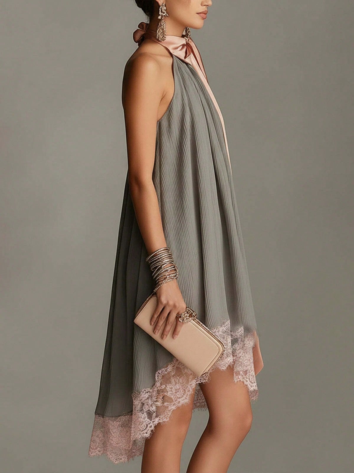 Women's Halter Summer Dress, Big Satin Bow Neck Pleated Loose Lace Hem Elegant Dress For Wedding Guest Beach Vacation Date Street Casual Wear