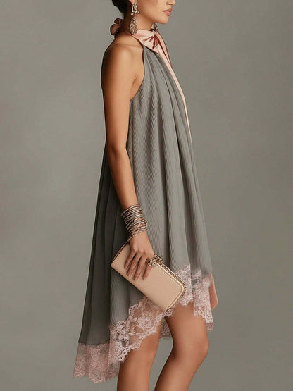 Women's Halter Summer Dress, Big Satin Bow Neck Pleated Loose Lace Hem Elegant Dress For Wedding Guest Beach Vacation Date Street Casual Wear