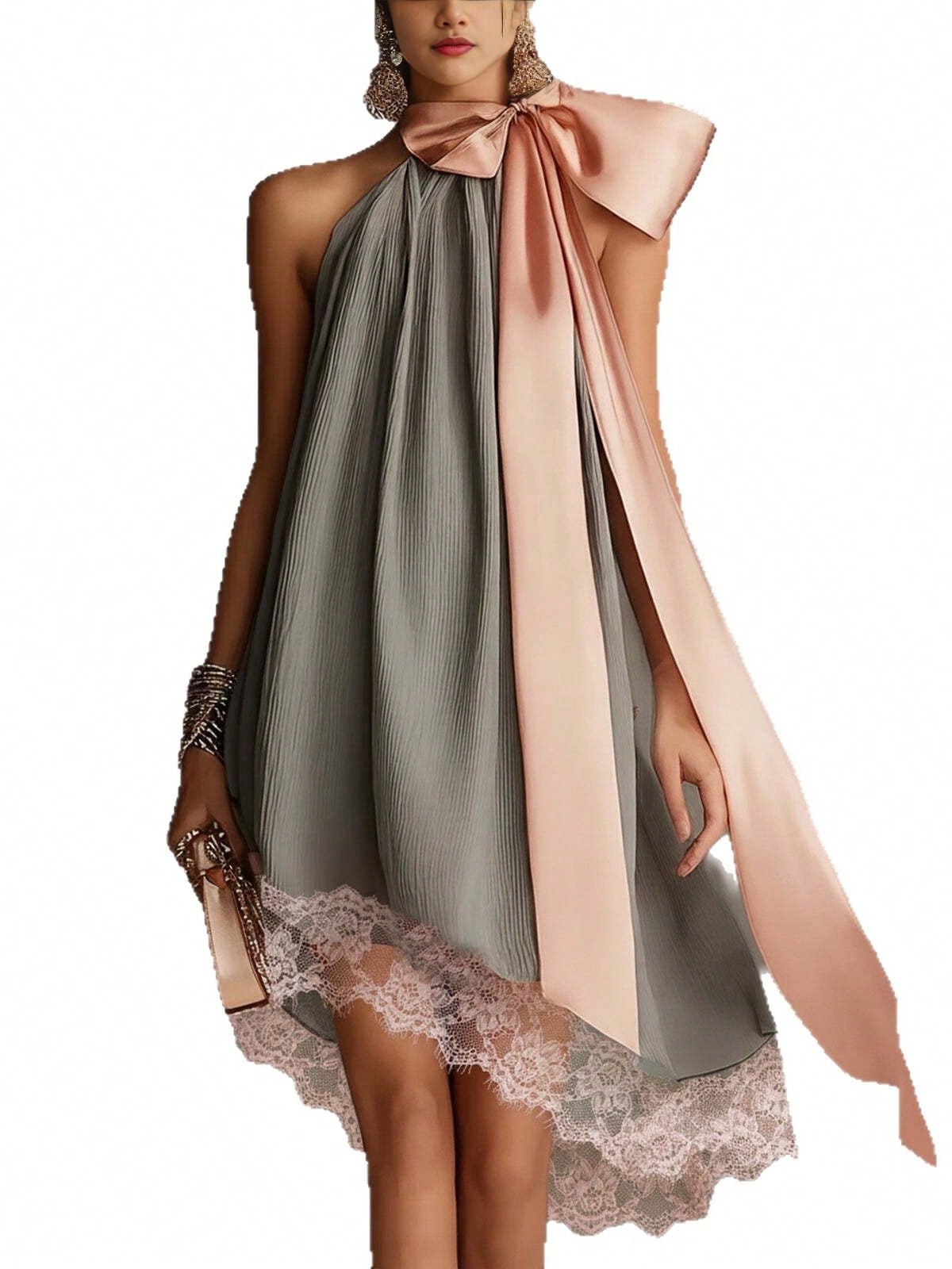 Women's Halter Summer Dress, Big Satin Bow Neck Pleated Loose Lace Hem Elegant Dress For Wedding Guest Beach Vacation Date Street Casual Wear