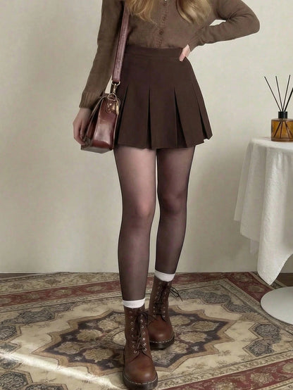 Women's High Waist Pleated Skirt, Versatile A-Line Skirt, Y2K Solid Color Casual Mini Skirt Spring Brown