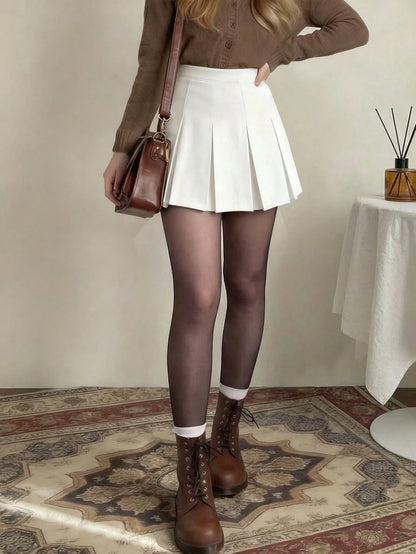 Women's High Waist Pleated Skirt, Versatile A-Line Skirt, Y2K Style Solid Color Casual Mini Skirt White Spring