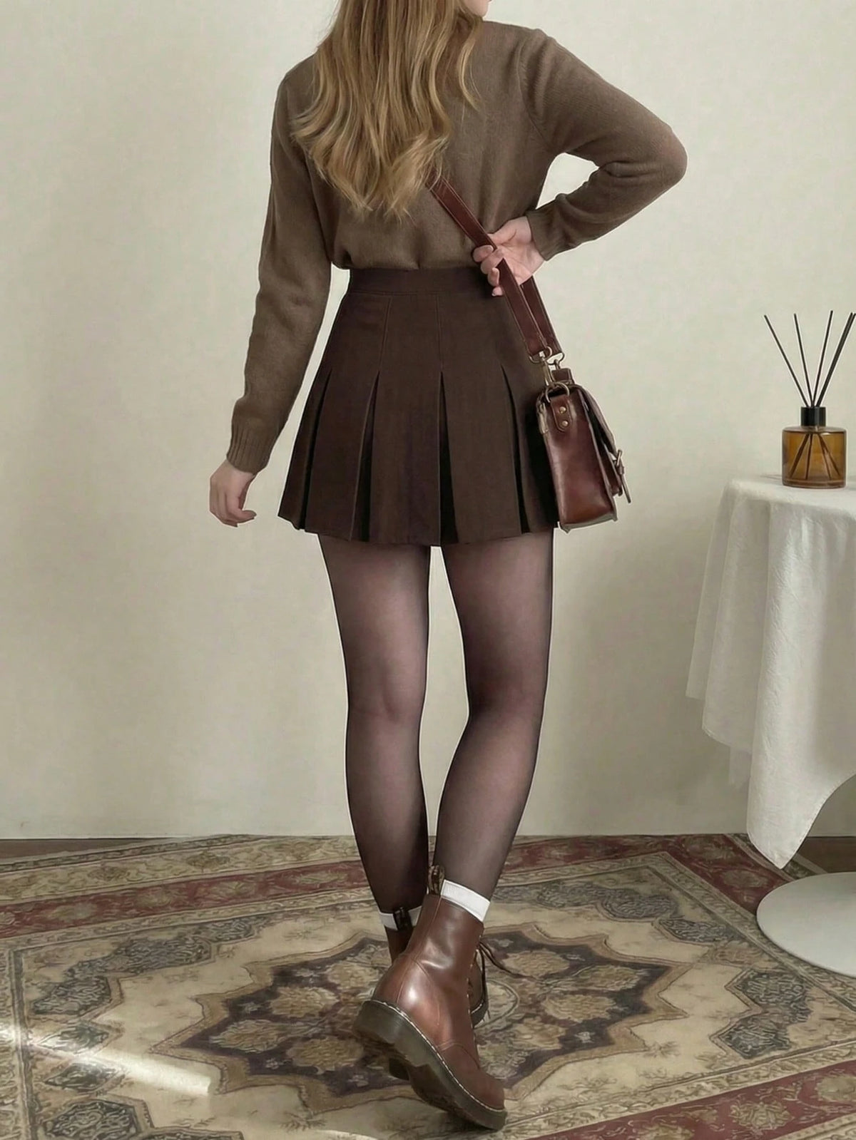 Women's High Waist Pleated Skirt, Versatile A-Line Skirt, Y2K Solid Color Casual Mini Skirt Spring Brown
