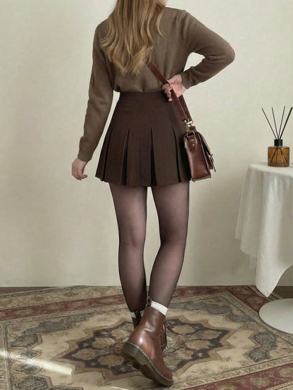 Women's High Waist Pleated Skirt, Versatile A-Line Skirt, Y2K Solid Color Casual Mini Skirt Spring Brown