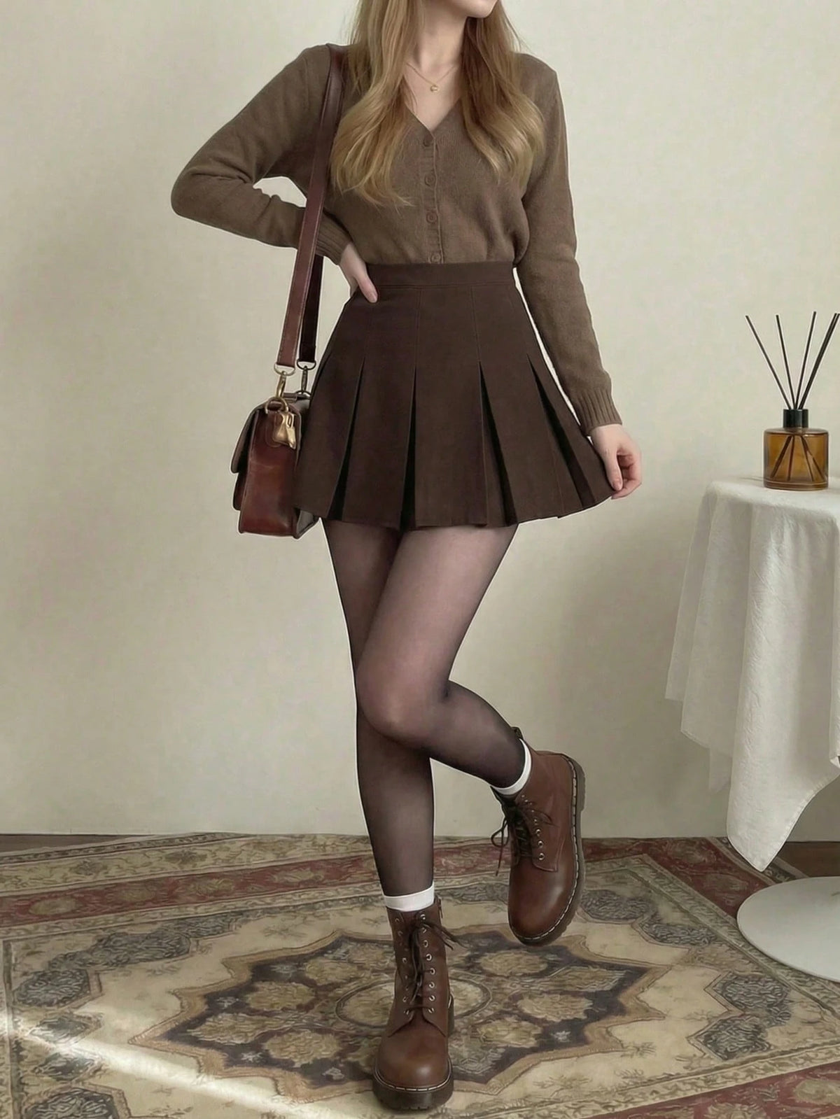 Women's High Waist Pleated Skirt, Versatile A-Line Skirt, Y2K Solid Color Casual Mini Skirt Spring Brown