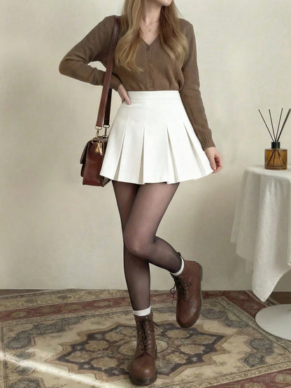 Women's High Waist Pleated Skirt, Versatile A-Line Skirt, Y2K Style Solid Color Casual Mini Skirt White Spring