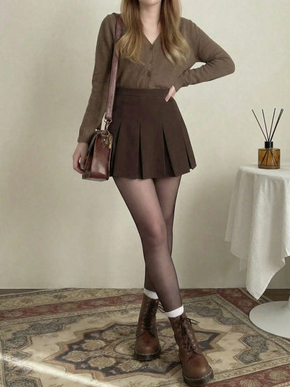 Women's High Waist Pleated Skirt, Versatile A-Line Skirt, Y2K Solid Color Casual Mini Skirt Spring Brown