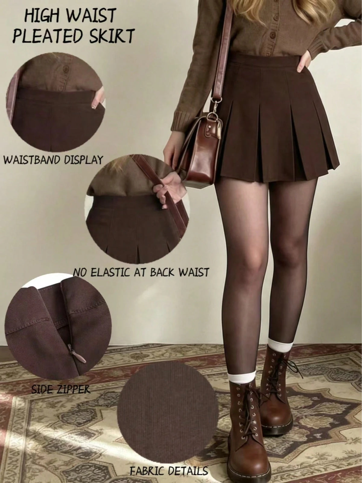 Women's High Waist Pleated Skirt, Versatile A-Line Skirt, Y2K Solid Color Casual Mini Skirt Spring Brown