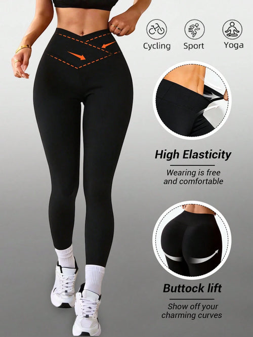 Women's High Waist Slimming Sports Yoga Outdoor Running Pants, Crossover Tight Leggings, High Waist Abdomen Control Non-See-Through Black