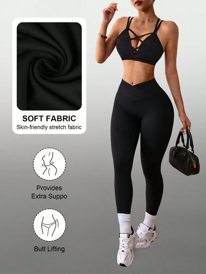 Women's High Waist Slimming Sports Yoga Outdoor Running Pants, Crossover Tight Leggings, High Waist Abdomen Control Non-See-Through Black