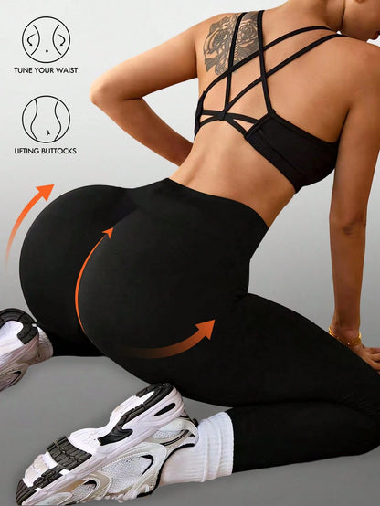 Women's High Waist Slimming Sports Yoga Outdoor Running Pants, Crossover Tight Leggings, High Waist Abdomen Control Non-See-Through Black