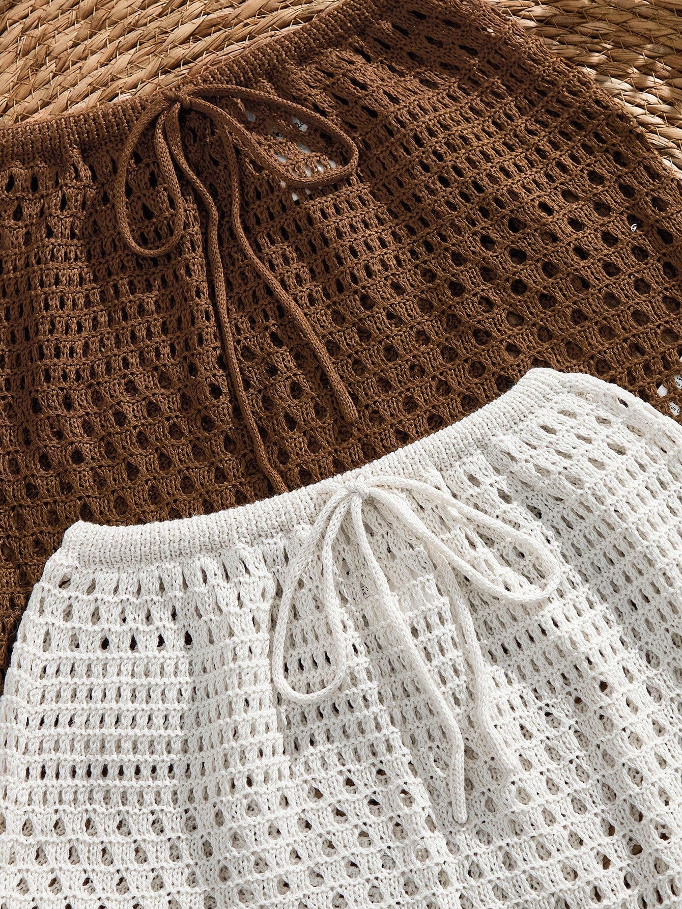 Women's Knitted Crochet Hollow Sexy Top & Skirt (Brown, Apricot) 2 Pieces Set Combination Multi-Piece Outfit