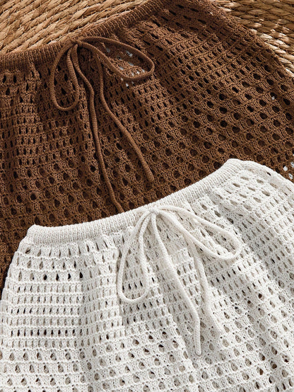 Women's Knitted Crochet Hollow Sexy Top & Skirt (Brown, Apricot) 2 Pieces Set Combination Multi-Piece Outfit