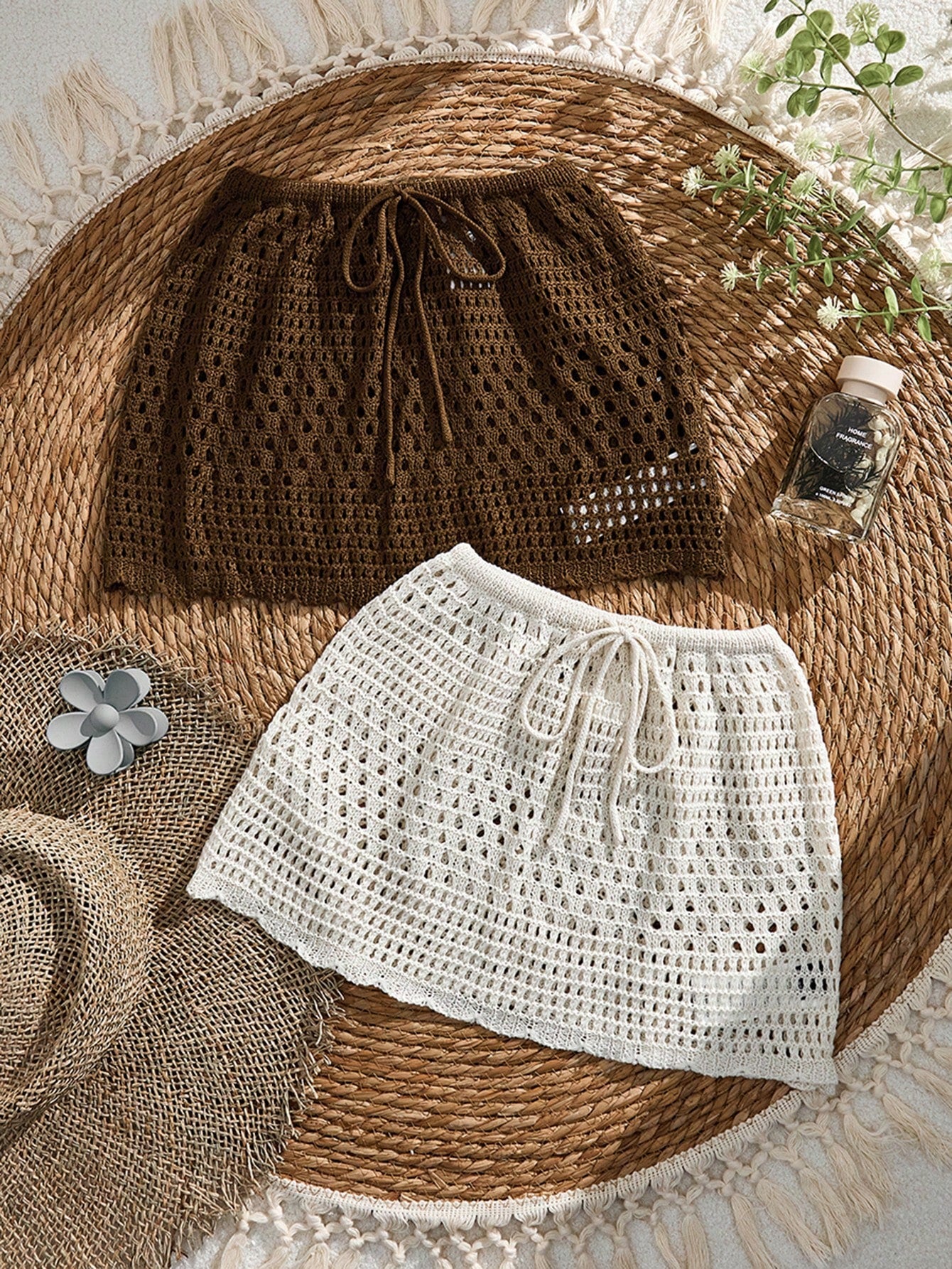 Women's Knitted Crochet Hollow Sexy Top & Skirt (Brown, Apricot) 2 Pieces Set Combination Multi-Piece Outfit
