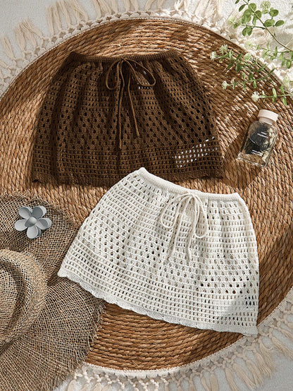 Women's Knitted Crochet Hollow Sexy Top & Skirt (Brown, Apricot) 2 Pieces Set Combination Multi-Piece Outfit