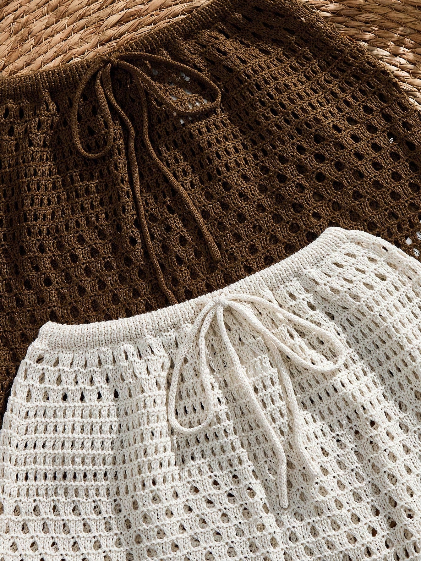 Women's Knitted Crochet Hollow Sexy Top & Skirt (Brown, Apricot) 2 Pieces Set Combination Multi-Piece Outfit